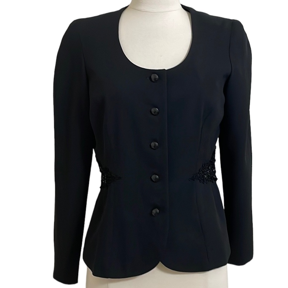 VINTAGE LIZ CLAIBORNE Crepe Black Fitted Collarless Blazer Sequin Lace 6Petite